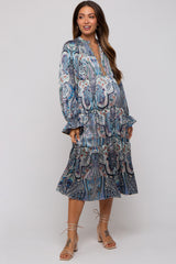 Blue Floral Print Satin Maternity Midi Dress