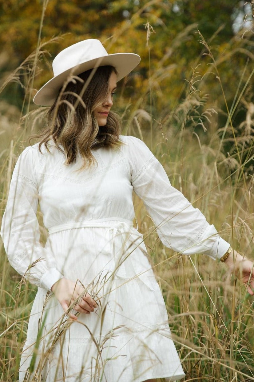 Off White Lace Inlay Long Sleeve Mini Dress