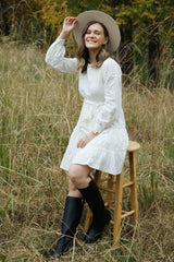 Off White Lace Inlay Long Sleeve Mini Dress