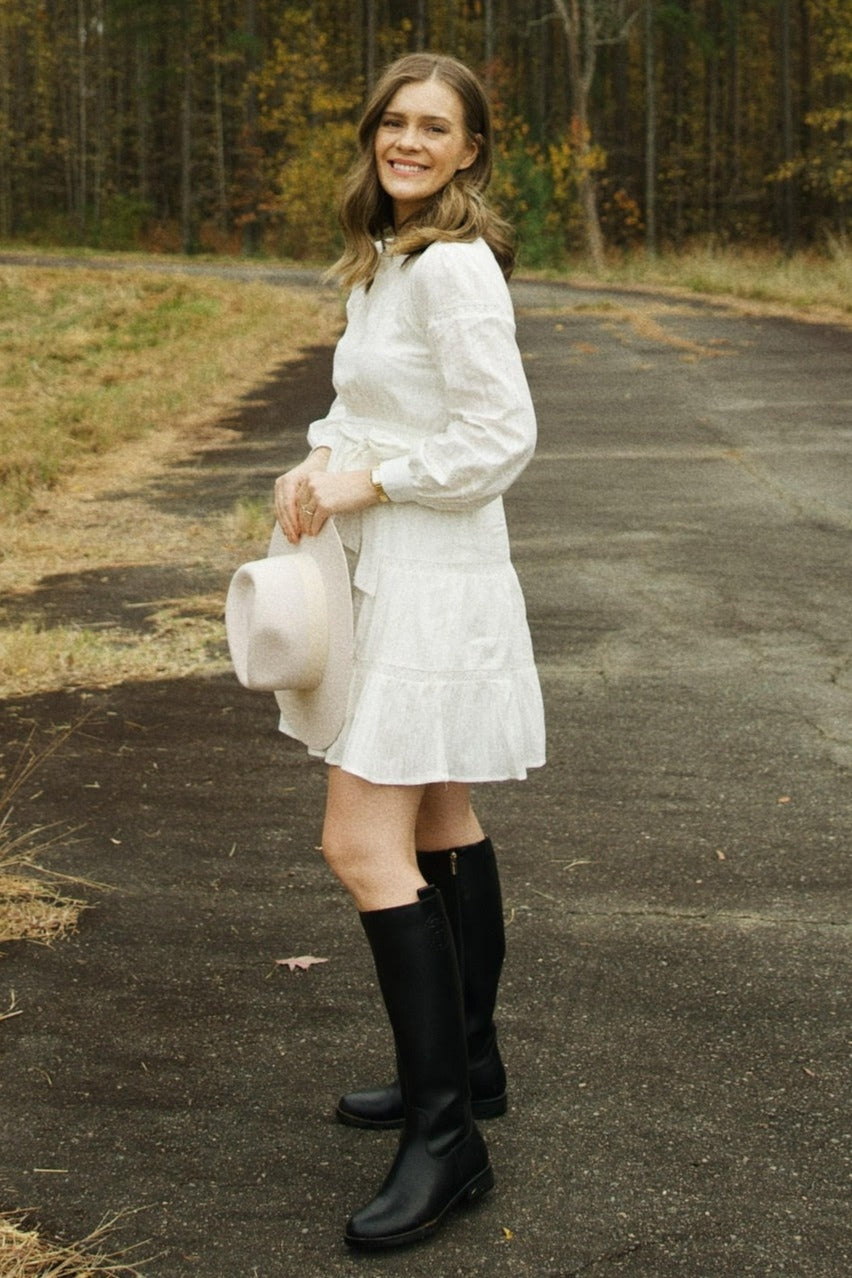 Off White Lace Inlay Long Sleeve Mini Dress