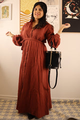 Rust Gauze Belted Shirt Midi Dress