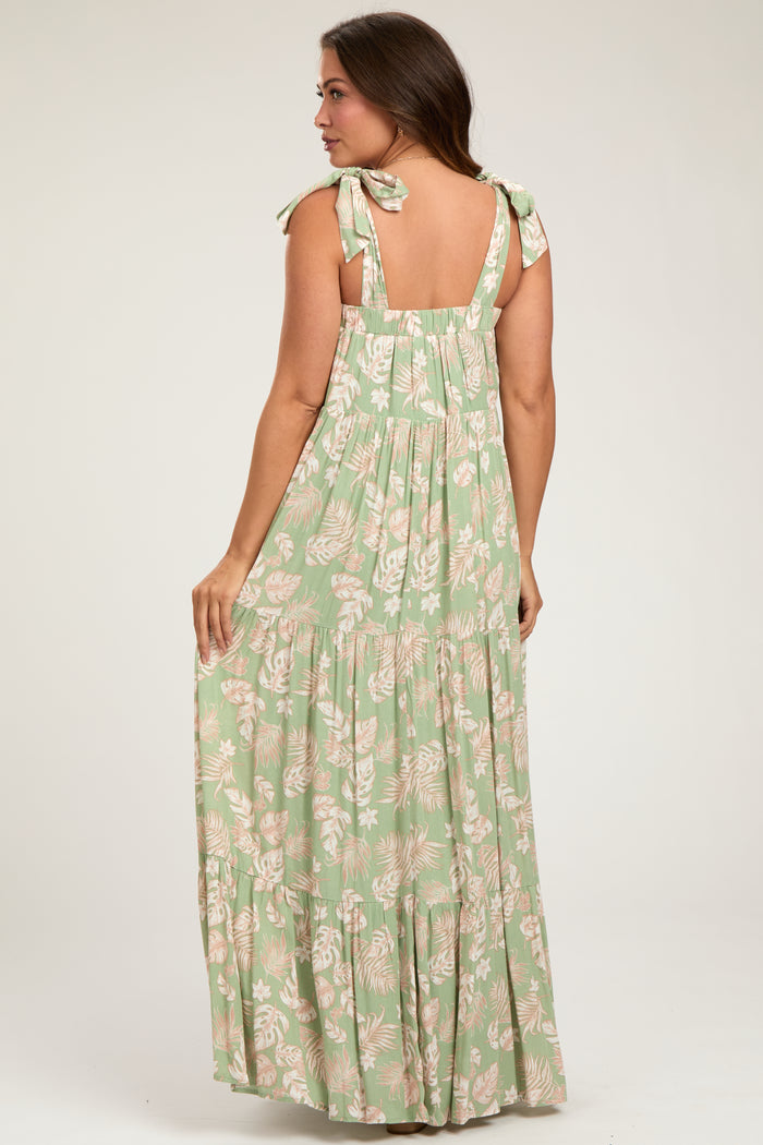 Light Olive Leaf Printed Square Neckline Tie Strap Tiered Maternity Maxi Dress