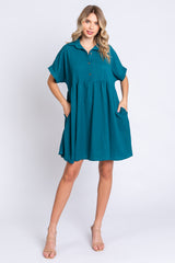 Teal Collared Button Front Short Sleeve Dress