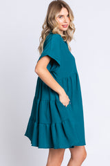 Teal Collared Button Front Short Sleeve Dress