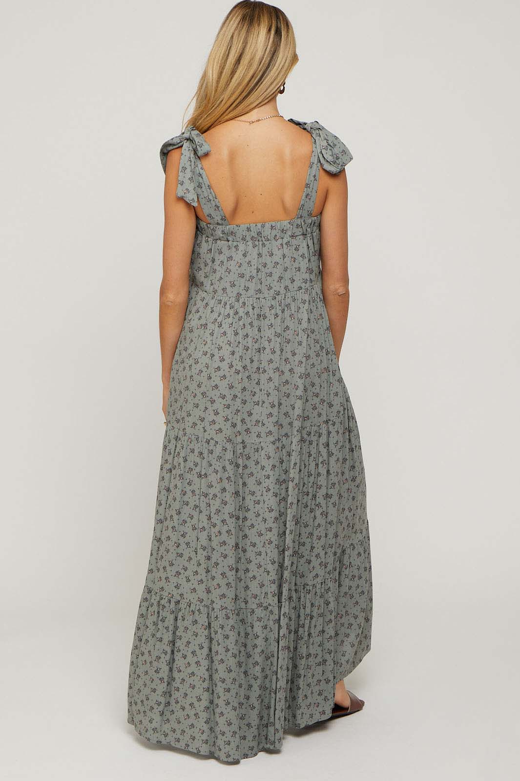 Sage Floral Shoulder Tie Maternity Maxi Dress