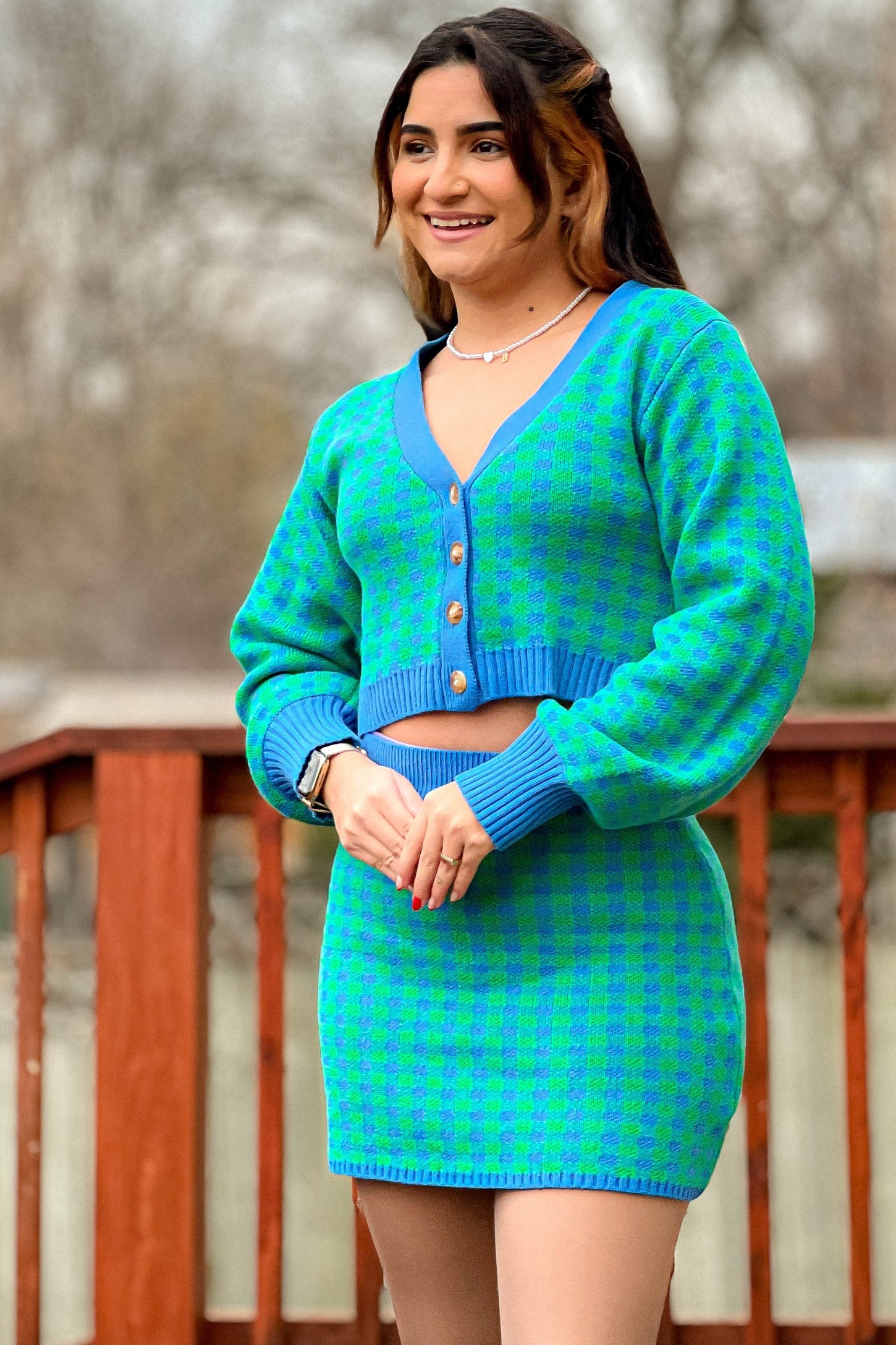 Green Blue Knit Top And Skirts Set