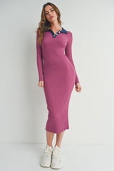 Magenta Collared Button Front Long Sleeve Maternity Midi Sweater Dress