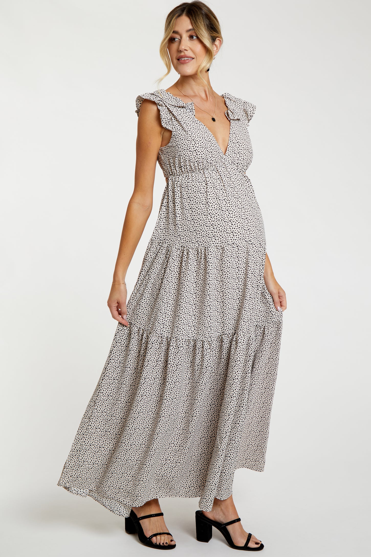 Taupe Printed Tiered Cutout Back Maternity Maxi Dress