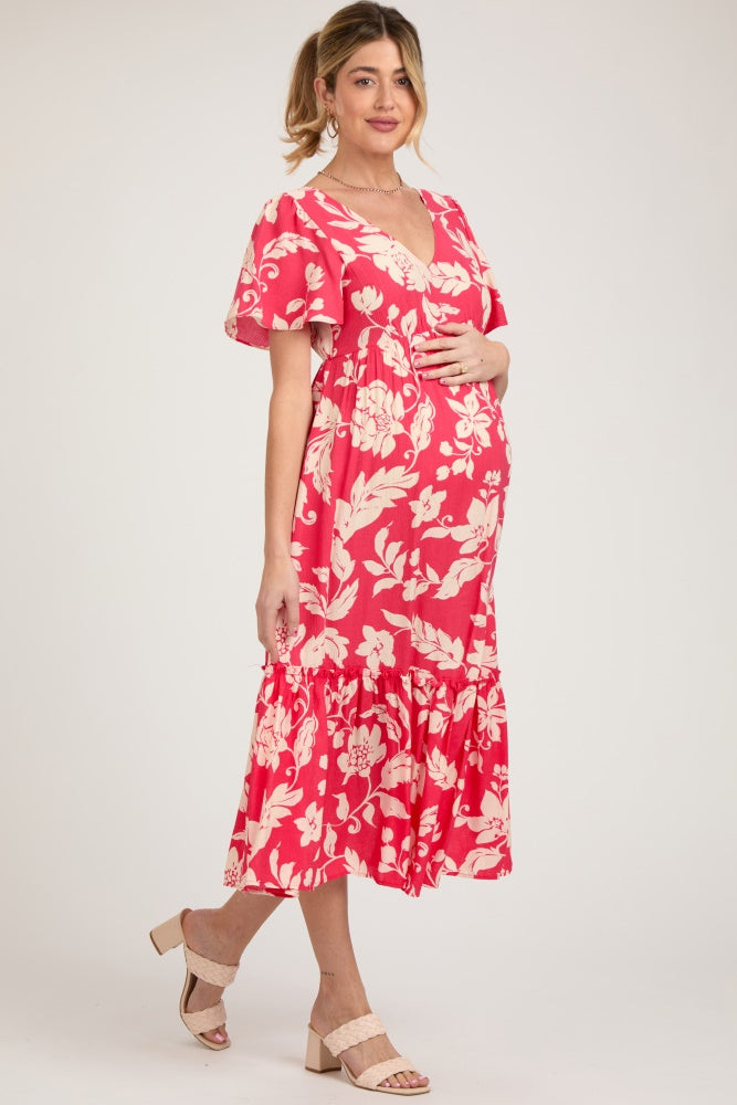 Red Tropical Print Ruffle Maternity Midi Dress