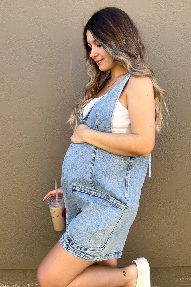 Light Blue Denim Scoop Neck Maternity Short Overall