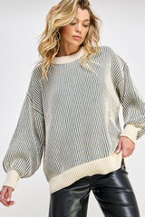 Olive Ribbed Balloon Sleeve Sweater