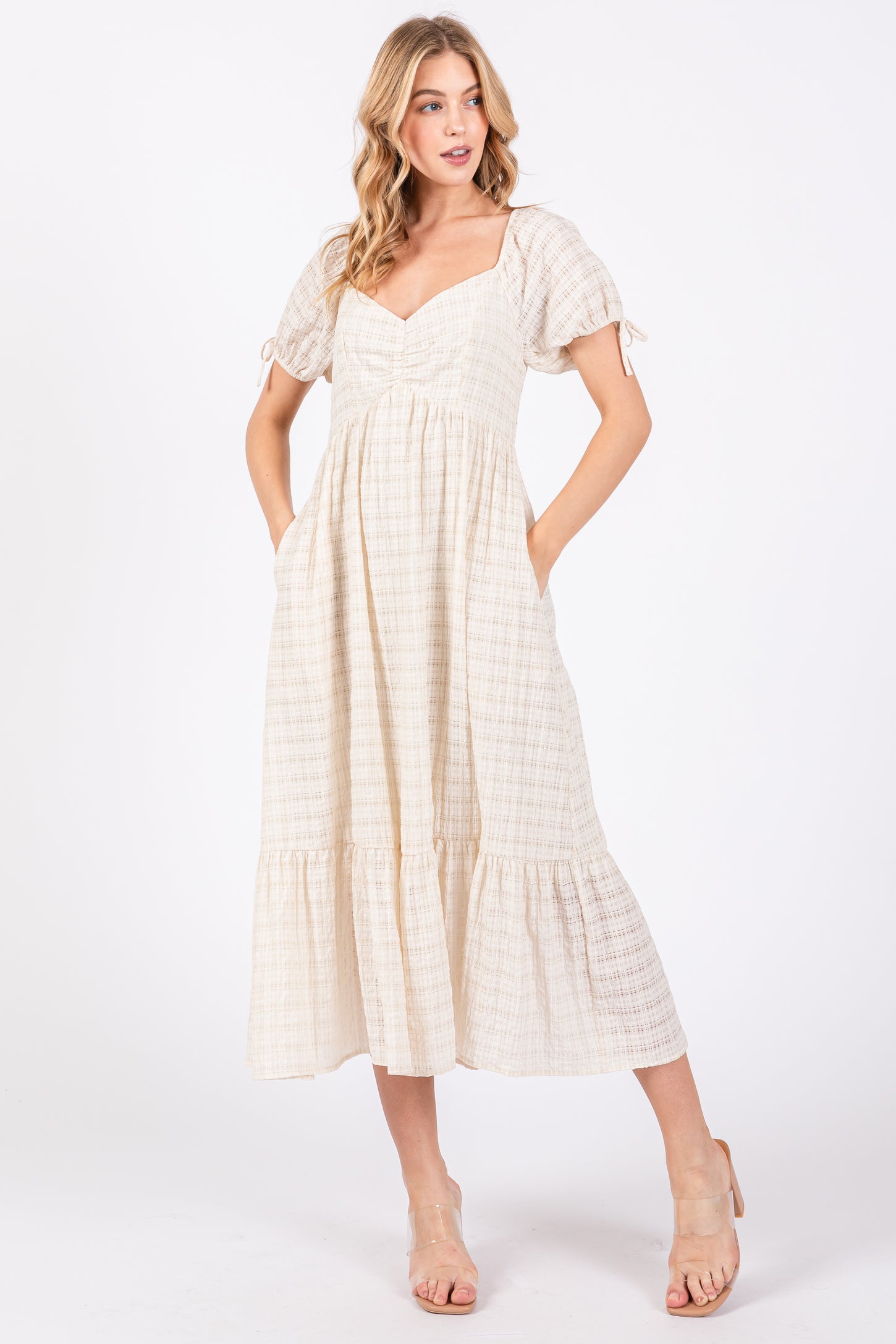 Ivory Textured Plaid Puff Short Sleeve Maternity Midi Dress