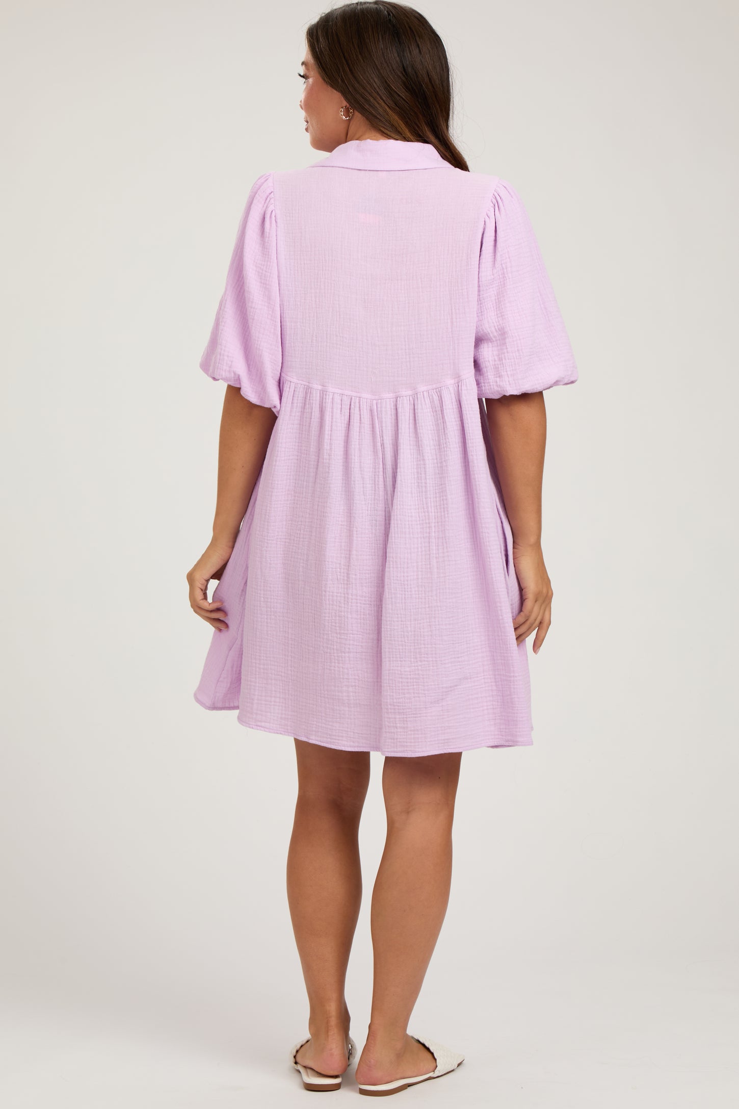 Lavender Button Down Bubble Sleeve Collared Maternity Dress