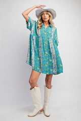 Turquoise Floral Button Down Dress