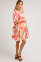 Pink Print Puff Sleeve Maternity Mini Dress