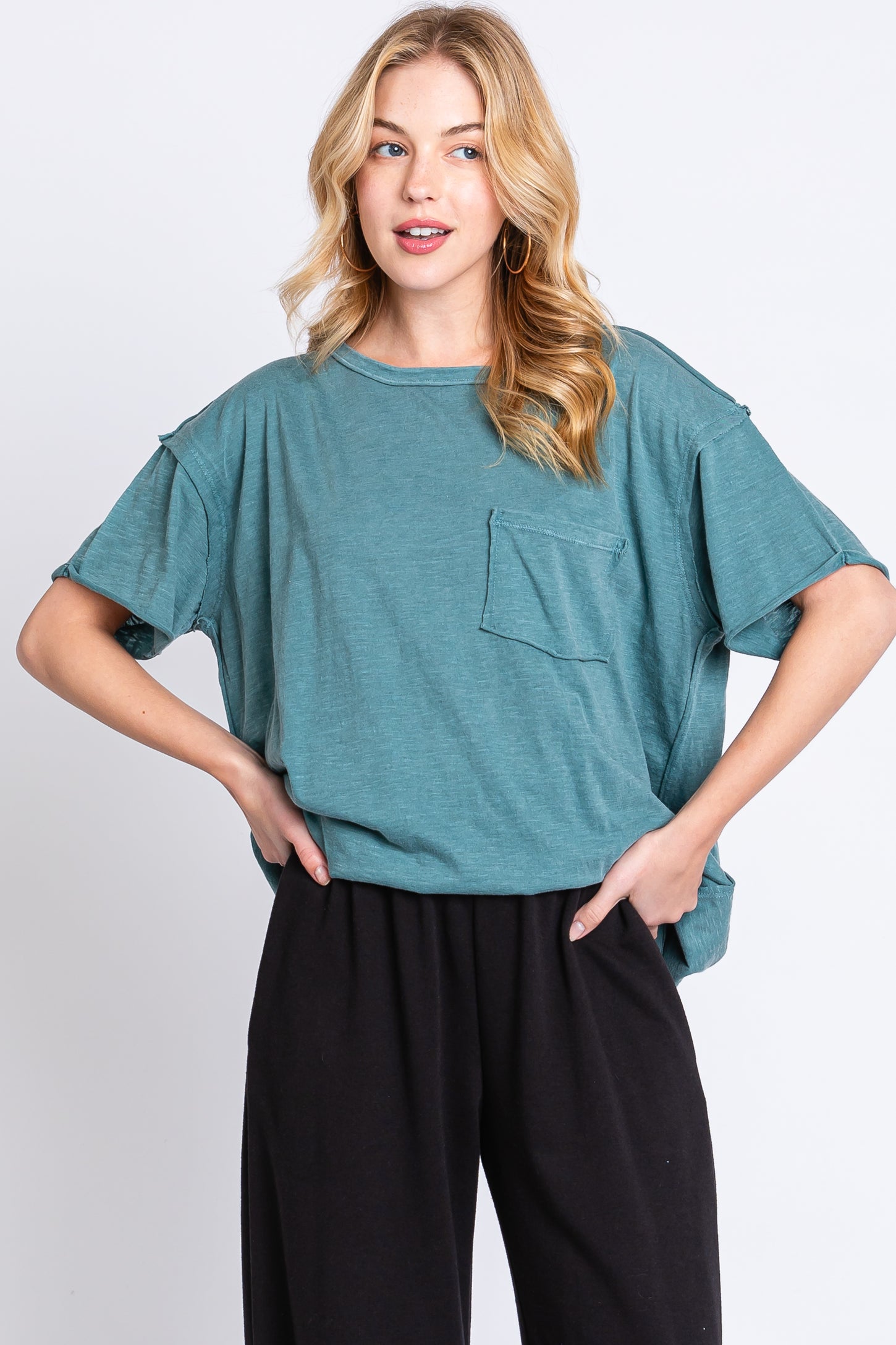 Teal Mineral Wash Front Pocket Short Sleeve T-Shirt