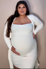 White Ribbed Soft Knit Dress Cardigan Maternity Set