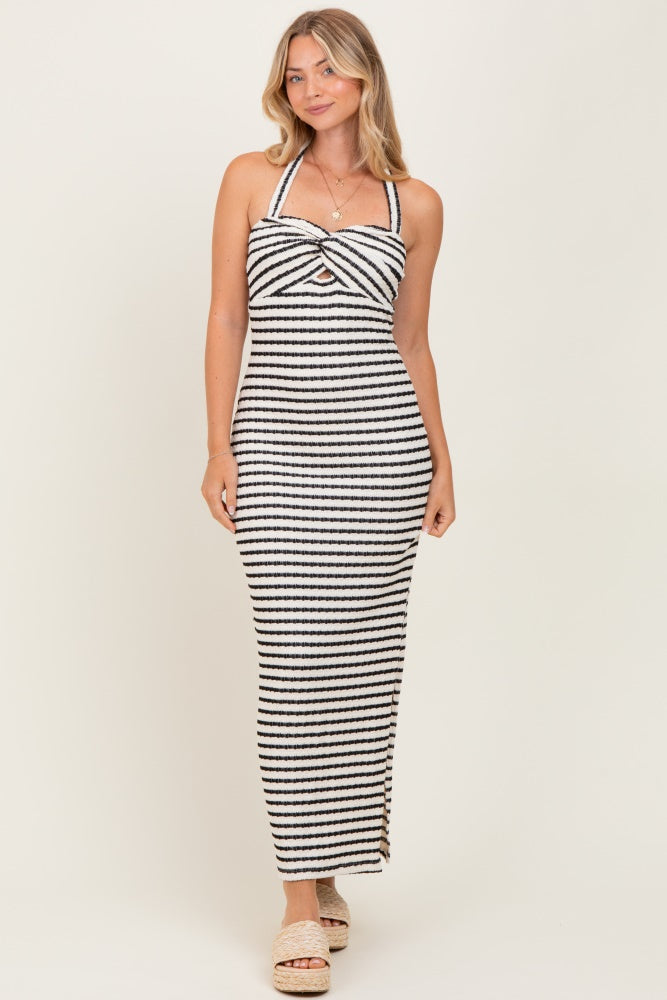Ivory Striped Twist Front Halter Midi Dress