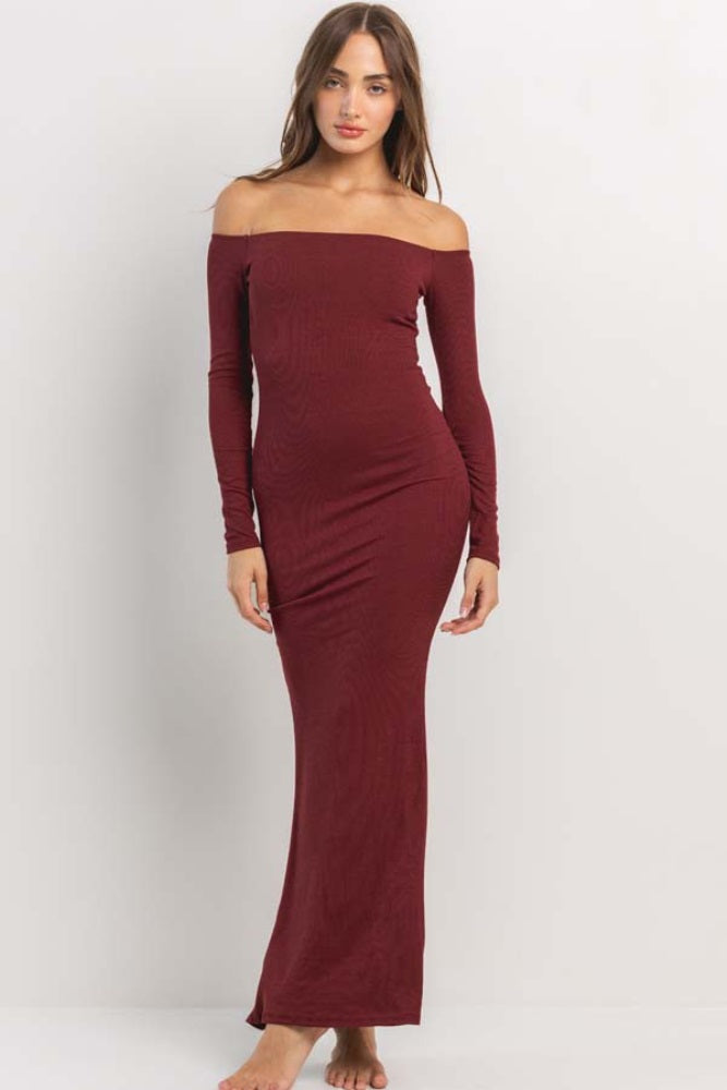 Burgundy Ribbed Off Shoulder Long Sleeve Maternity Maxi Dress