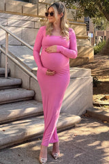 Pink Ribbed Long Sleeve Square Neck Maternity Maxi Dress