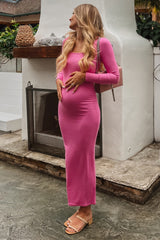 Pink Ribbed Long Sleeve Square Neck Maternity Maxi Dress
