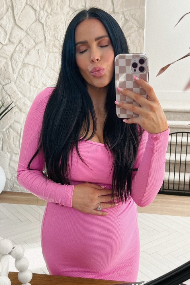 Pink Ribbed Long Sleeve Square Neck Maternity Maxi Dress