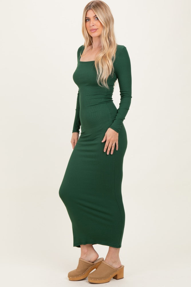 Forest Green Ribbed Long Sleeve Square Neck Maxi Dress