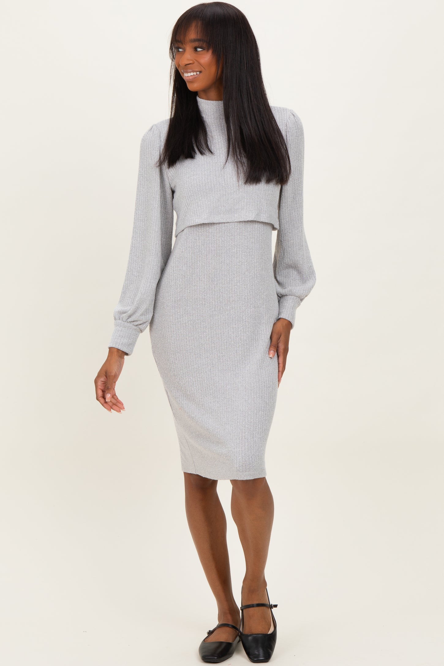 Heather Grey Rib Knit Mock Neck Nursing Dress