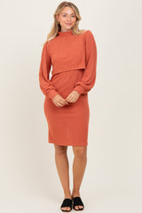 Rust Rib Knit Mock Neck Maternity Nursing Dress