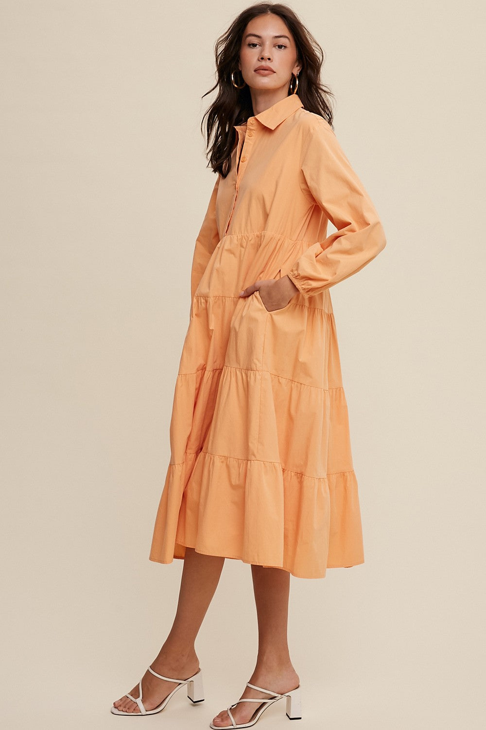 Peach Tiered Collared Midi Dress