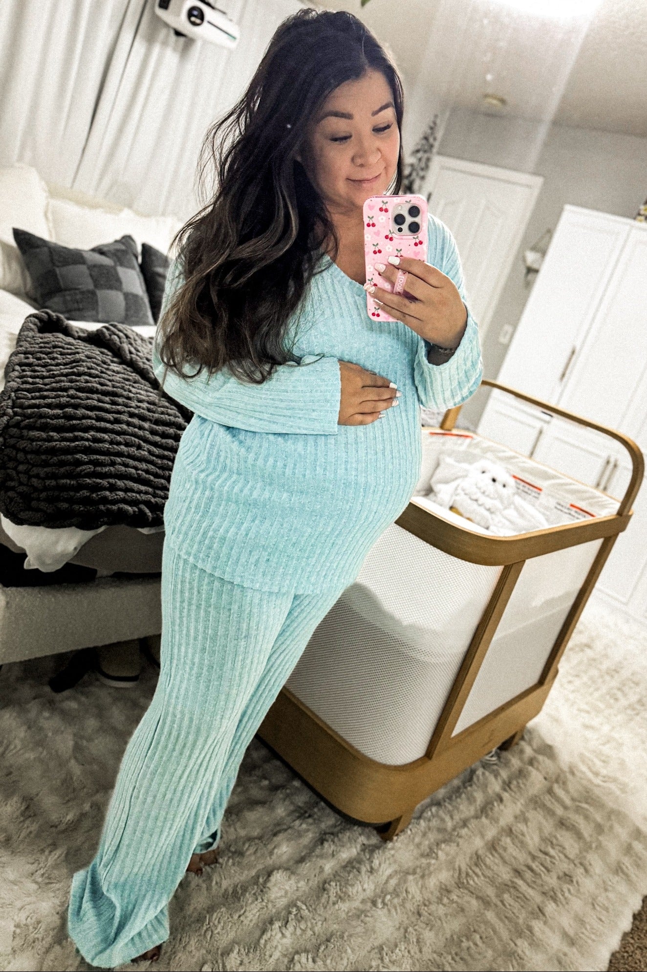 Light Blue Ribbed Soft Knit Long Sleeve Maternity Pajama Set