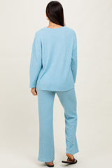 Light Blue Ribbed Soft Knit Long Sleeve Pajama Set