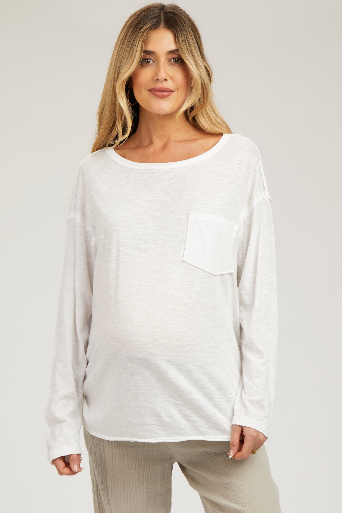 White Mineral Wash Front Pocket Long Sleeve Maternity Top