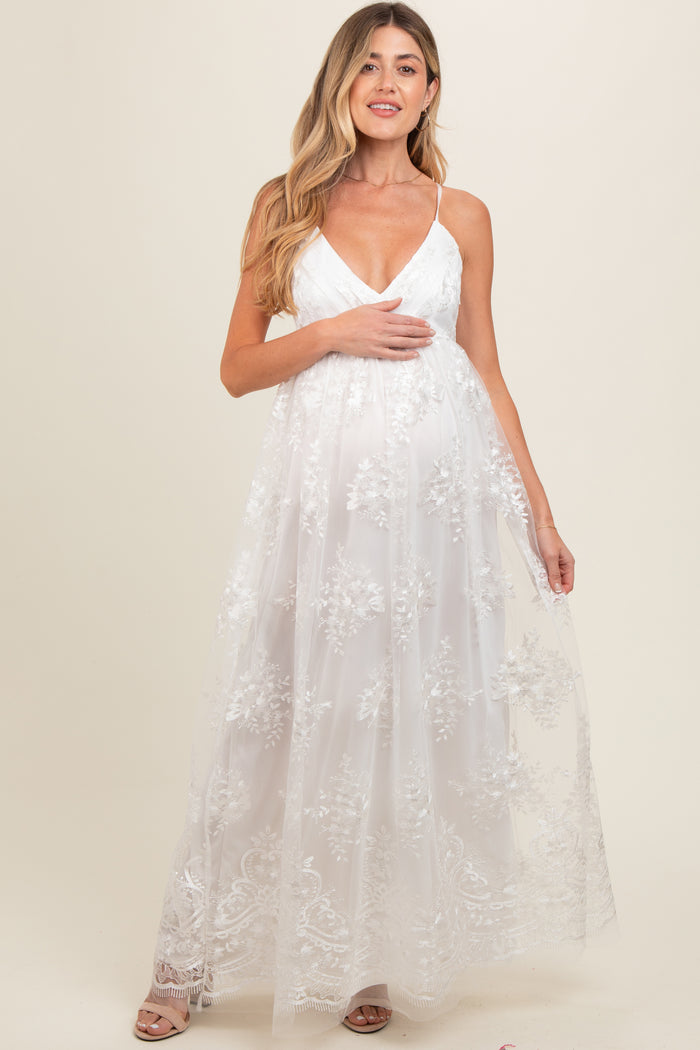 Ivory Floral Lace Overlay Maternity Maxi Dress