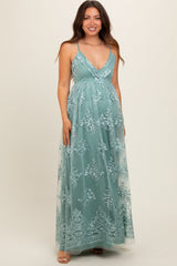 Mint Green Floral Lace Overlay Maternity Maxi Dress