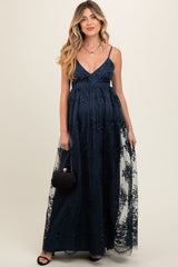 Navy Floral Lace Overlay Maternity Maxi Dress