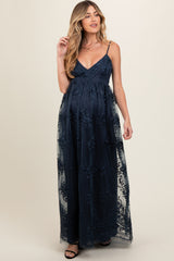 Navy Floral Lace Overlay Maternity Maxi Dress