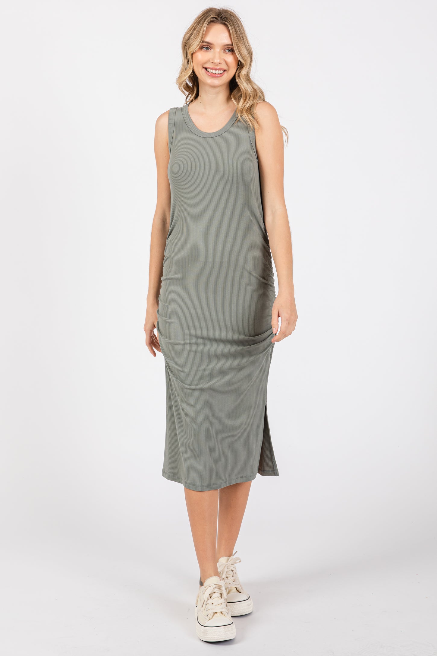 Olive Sleeveless Ribbed Ruched Dress