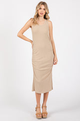 Taupe Sleeveless Ribbed Ruched Dress
