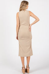 Taupe Sleeveless Ribbed Ruched Dress