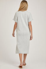 Grey Ribbed Short Dolman Sleeve Side Slit Maternity Midi Dress