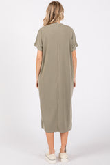 Light Olive Ribbed Short Dolman Sleeve Side Slit Midi Dress