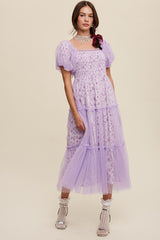 Lavender Floral Lined Smocked Tulle Midi Dress