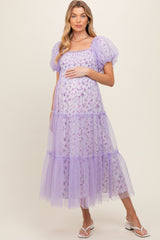 Lavender Floral Lined Smocked Tulle Maternity Midi Dress