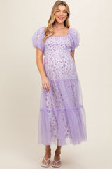 Lavender Floral Lined Smocked Tulle Maternity Midi Dress