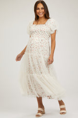 Cream Floral Lined Smocked Tulle Maternity Midi Dress