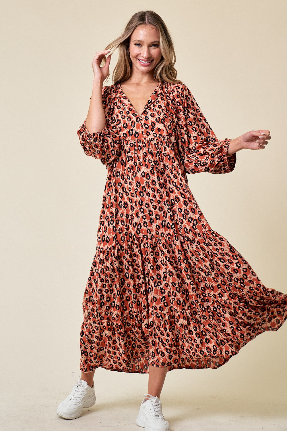 Rust Printed Long Sleeve Tiered Maternity Dress