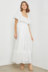 White Iridescent Textured Puff Sleeve Maternity Midi Dress
