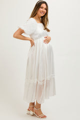White Iridescent Textured Puff Sleeve Maternity Midi Dress