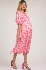 Fuchsia Watercolor Floral Maternity Midi Dress